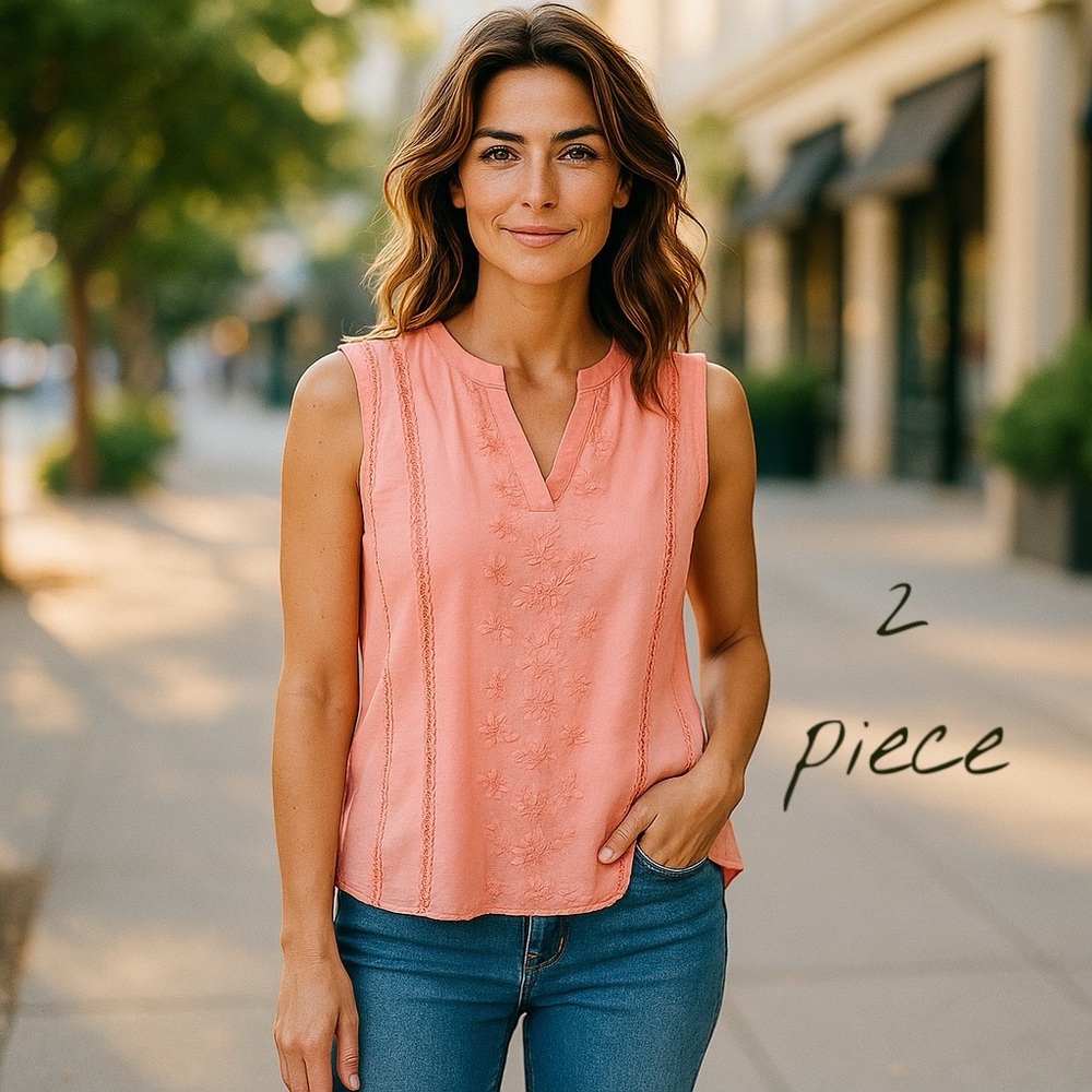 🍑Brixon Ivy Peach Sleeveless 2 piece Blouse set with Mandarin Collar